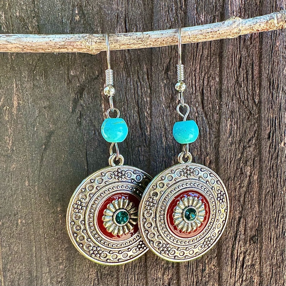 Boho 🌻 Silver Tone Medallion Dangle Drop Earrings Blue Burgundy Enamel Western